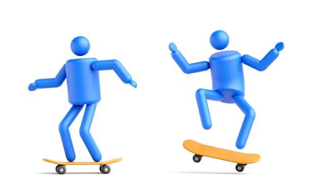 istock 3d render, abstract simple person symbol makes tricks yellow skateboard. Geometric blue man icon, clip art isolated on white background 1319461173