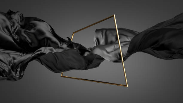 render 3d, abstrakcyjne dramatyczne tapety mody. nowoczesna minimalistyczna kompozycja z czarną jedwabną draperią, tkaniną tekstylną i złotą kwadratową ramą, wyizolowaną na ciemnym tle - veil zdjęcia i obrazy z banku zdjęć
