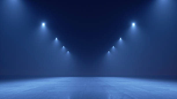 3d 렌더링. 초록 현대 최소한의 파란색 배경은 스포트라이트로 조명. 제품 프레젠테이션을 위한 쇼케이스 장면, 공연을 위한 빈 스테이지 - led lighting equipment light illuminated 뉴스 사진 이미지