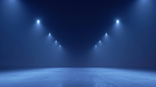 3d render. Abstract modern minimal blue background illuminated with spotlights. Showcase scene for product presentation, empty stage for performance