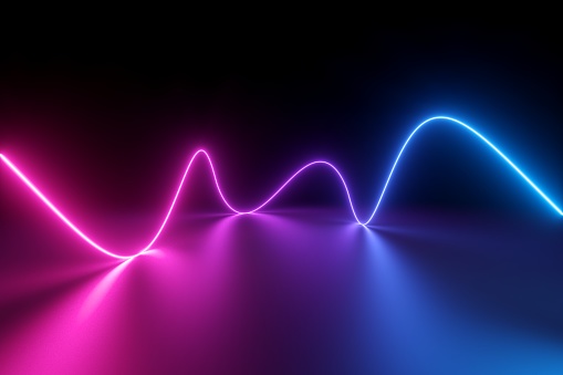 3d render, abstract pink blue neon background with wavy line glowing in ultraviolet spectrum