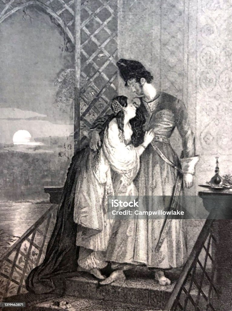 Antik illustration - Poesi av Thomas Moore - Mellanöstern man i lång mantel omfamnar en kvinna - Royaltyfri 1800-talet Illustrationer Antik illustration - Poesi av Thomas Moore - Mellanöstern man i lång mantel omfamnar en kvinna - Royaltyfri 1800-talet Illustrationer