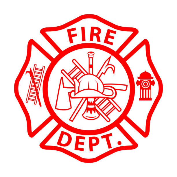 ilustraciones, imágenes clip art, dibujos animados e iconos de stock de cartel del emblema del bombero sobre fondo blanco. símbolo del departamento de bomberos. cruz maltesa de los bomberos. estilo plano. - logo bomberos