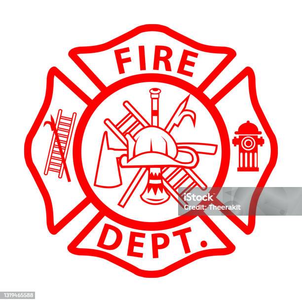 Brandweerman Embleem Teken Op Witte Achtergrond Brandweersymbool Brandweermanu2019s Maltees Kruis Platte Stijl Stockvectorkunst en meer beelden van Brandweerman