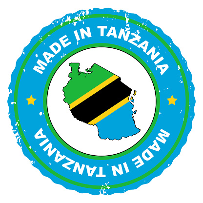 Retro style stamp Made in Tanzania include the map and flag of Tanzania.