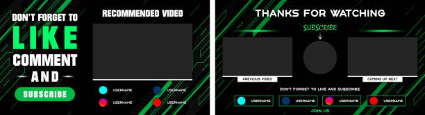 illustrazioni stock, clip art, cartoni animati e icone di tendenza di schermata finale youtube con design verde e linee verdi. modello video youtube, sfondo, outro card, schermata finale, banner, canale. design dei social media. - outro