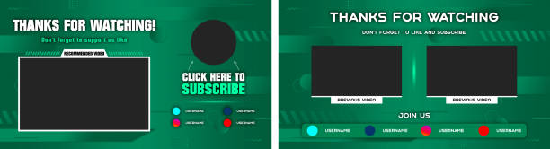 Youtube End Screen with green design and green lines. Youtube Video Template, background, Outro Card, end screen, banner, channel. Social media design. Youtube End Screen with green design and green lines. Youtube Video Template, background, Outro Card, end screen, banner, channel. Social media design youtube video screen stock illustrations