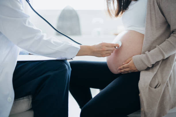 abgeschnittene aufnahme der schwangeren frau mit einer konsultation mit dem arzt während der routineuntersuchung in der klinik. arzt führt eine untersuchung am bauch mit stethoskop. check-ups, tests und scans, um eine gesunde schwangerschaft für mutter  - human pregnancy midwife visit healthcare and medicine stock-fotos und bilder