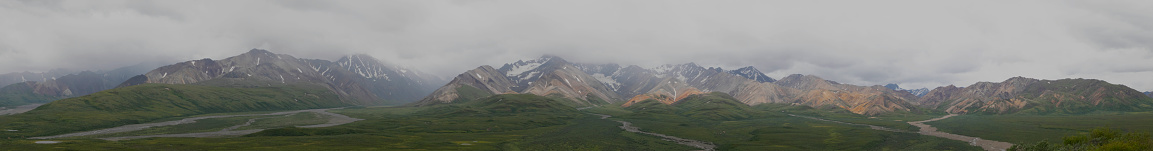 Panoramic view from polychrome pass during the midsummer in Denali National Park, Alaska