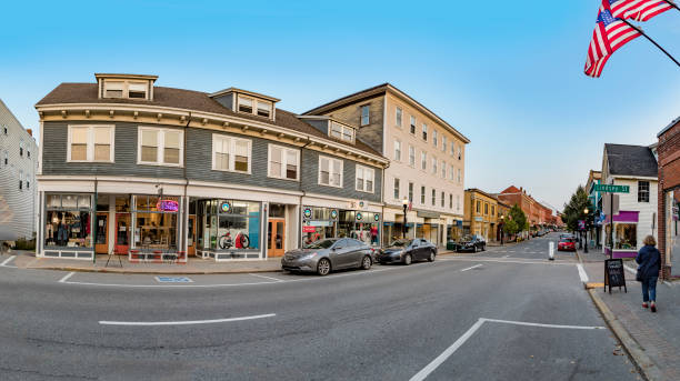 historic Main street in Rockland, USA with typical historic brick buildings Rockland, USA - September 14, 2017: historic Main street in Rockland, USA with typical historic brick buildings. lindsay stock pictures, royalty-free photos & images