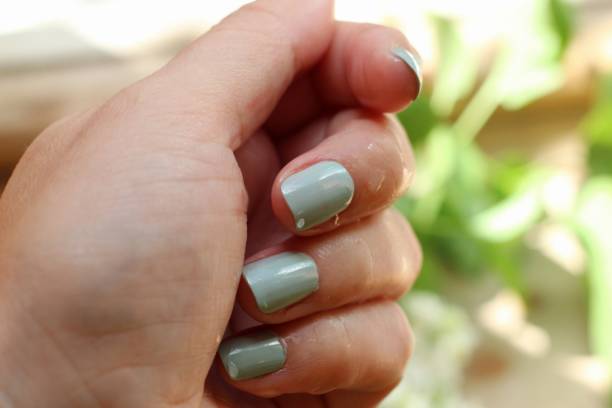 istock Hand with sage green nail polish 1319470863