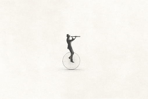 illustration of minimal retro business man riding an old bike observing the future with binoculars