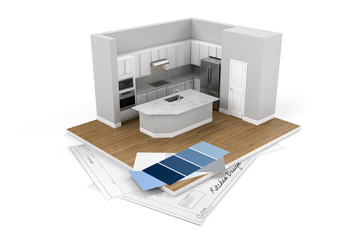 3D isometric modern style USA kitchen redesign or makeover concept isolated on white background with copy space and clip path.