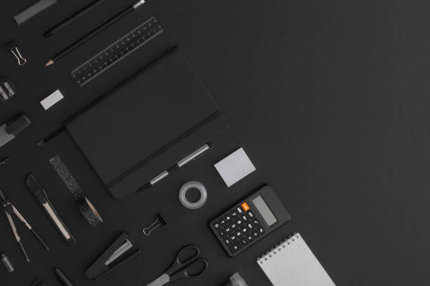 istock Office and school stationery on black leather background. Back to school 1319474491