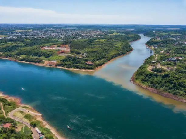 Aerial view of the landmark of the three borders (hito tres fronteras), Paraguay, Brazil and Argentina in the Paraguayan city of Presidente Franco near Ciudad del Este.