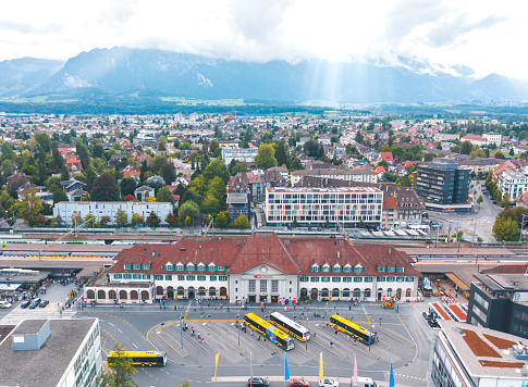 Thun, Switzerland - September 2020: Central railway and bus station