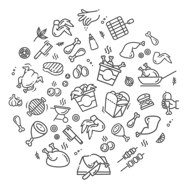 ilustrações de stock, clip art, desenhos animados e ícones de simple set of chicken meat related vector line icons - chicken meat food chicken wing