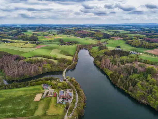 Photo of Aerial view of part of the Bevertalsperre (Bever Dam) in the Bergisches Land near Hueckeswagen in Germany.