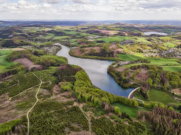 Aerial view of the Lingesetalsperre (Lingese dam) in Marienheide in the Bergisches Land in Germany and the Bruchertalsperre (Brucher dam)  in the background.