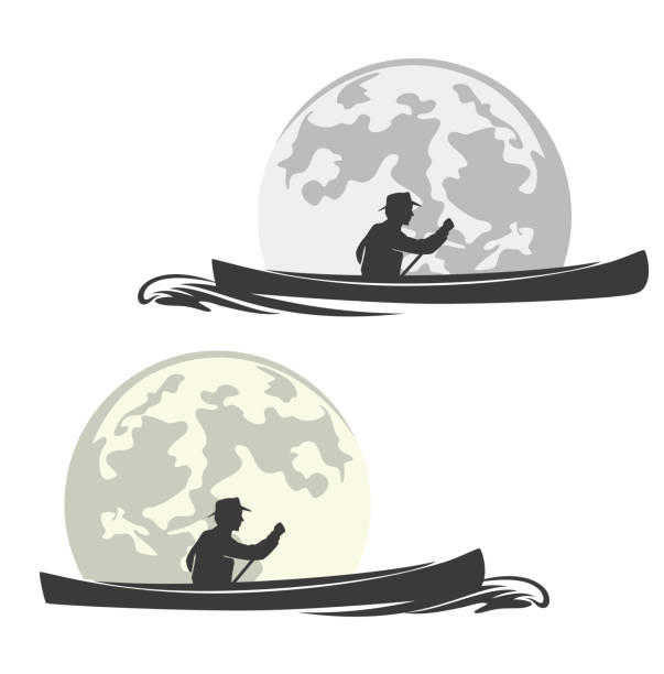 illustrazioni stock, clip art, cartoni animati e icone di tendenza di silhouette vettoriale di uomo canottaggio in canoa e luna piena - silhouette kayaking kayak action