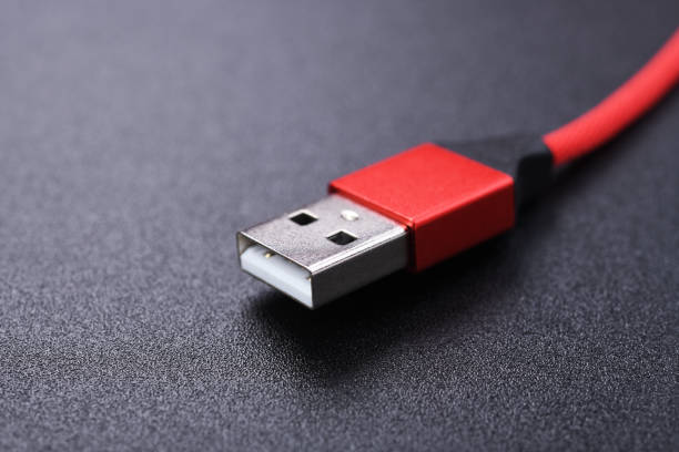 istock Detail of a red USB cable connector for a mobile phone on a black background. 1319482921
