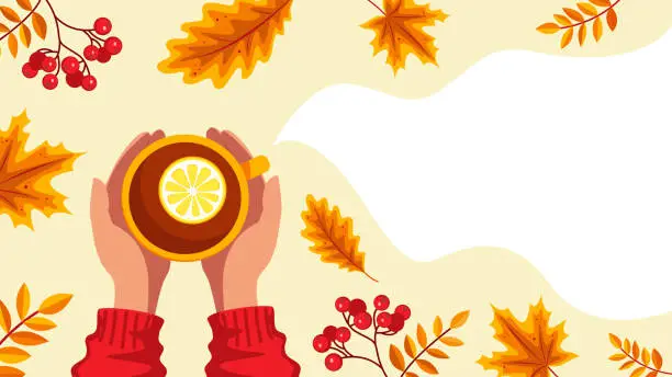 Vector illustration of Hands hold a cup, autumn leaves