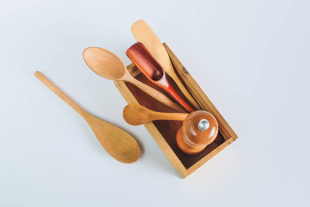 istock Set of wood foodware in box on background. 1319488979
