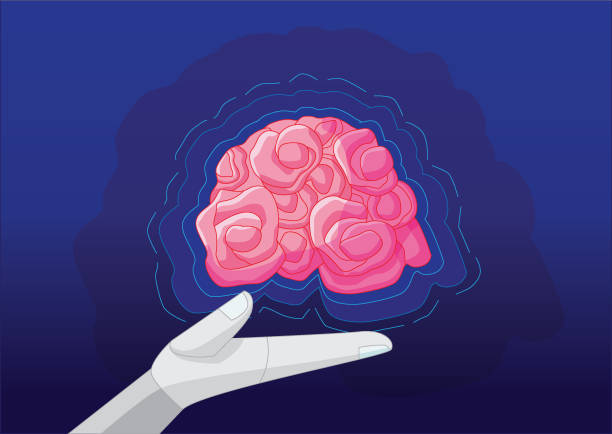 mózg na dłoni i sztuczna inteligencja projektuj wektor ilustracji tła - computer learning brain illustration and painting stock illustrations