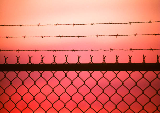 Chainlink fence in silhouette at sunset