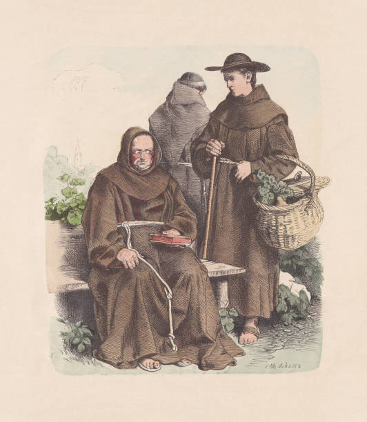 ilustrações, clipart, desenhos animados e ícones de hábito religioso, monges franciscanos, gravura de madeira de cor à mão, publicado em 1880 - monk medieval cape book