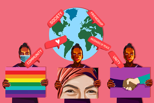 illustration of women hold peace message boards. Concept of human rights.