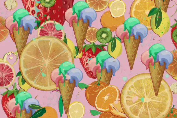 Vector illustration of Seamless Pattern of ice cream in a cone and fruit
