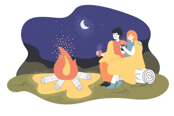 Vector illustration of Cartoon loving couple sitting by fire at night