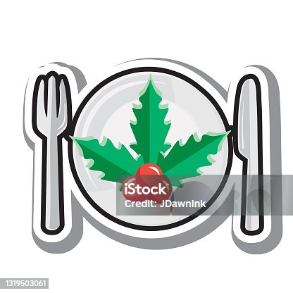 istock Christmas Flat Design Icon Holiday dinner place setting with mistletoe 1319503061