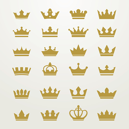 Isolated gold colored crown icons set on white background. All elements are layered.