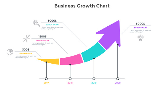 Ascending arrow chart divided into 4 parts. Concept of annual growth of company's financial profit. Simple infographic design template. Modern flat vector illustration for banner, presentation.