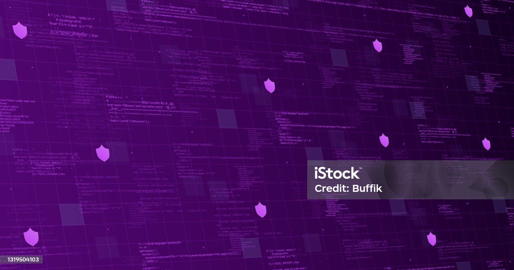 Technological Background Purple With Code Elements And Lights Lines 3d ...