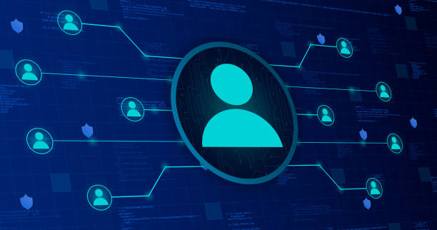istock Icon of a user united with other users by the system on a technological blue background with code elements 3d 1319504123