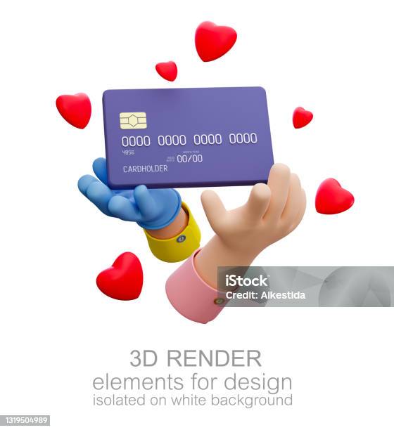 Cartoon Hands Holds Debit Card And Red Hearts Isolated On White