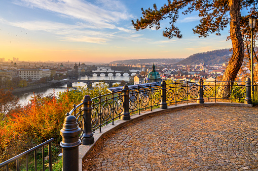 Prague Bridges over Vltava River in sunny autumn morning. View from Letna Gardens, Prague, Czech Republic