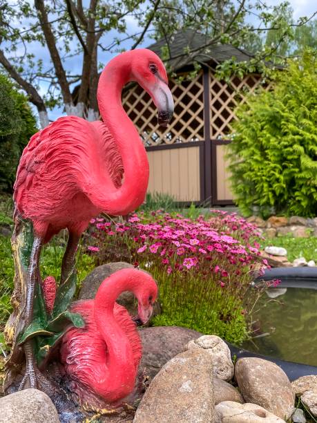 statua di fenicottero rosa in giardino - plastic flamingo foto e immagini stock