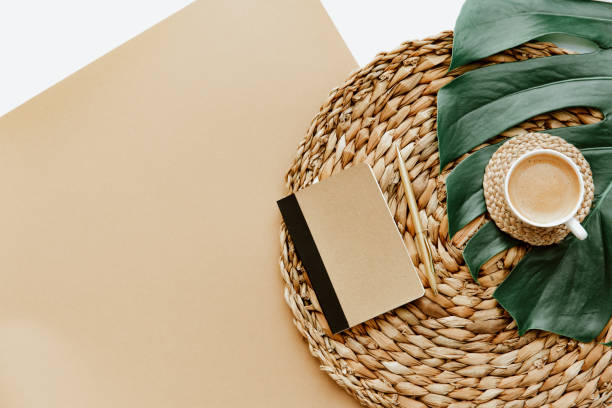 istock Summer Flat lay workspace with cup of coffee and notes. Ideas, notes or plan writing concept. Minimal eco friendly blogger. Zero waste. 1319513217