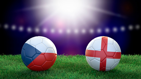 Two soccer balls in flags colors on stadium blurred background. Czech Republic and England.  3d image