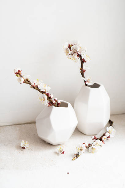istock Blooming apricot tree branches in vases, white spring home decoration 1319515329
