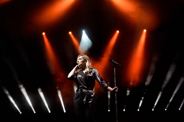 istock Singer on scene in the club. Bright stage lighting. 1319516216