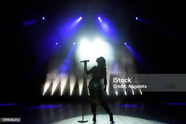 Silhouette Of Singer On Stage Dark Background Smoke Spotlights Stock Photo - Download Image Now
