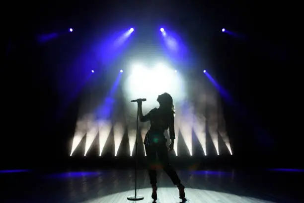 Photo of Silhouette of singer on stage. Dark background, smoke, spotlights.