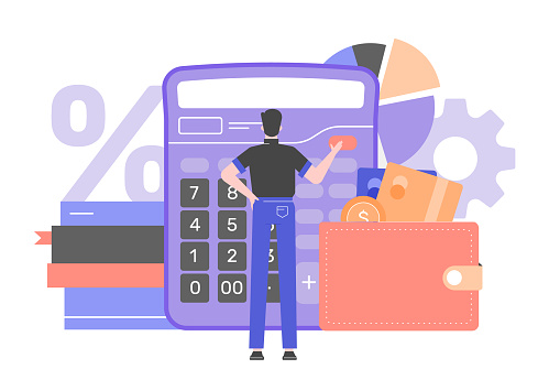 Man stands at a huge calculator. Finance and investments, budgeting. Vector flat illustration.