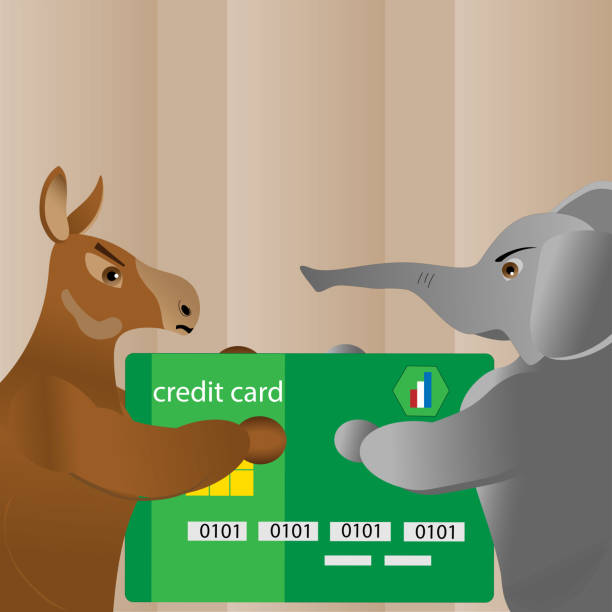 Spending tug-of-war Donkey and elephant in tug-of-war over credit card. Federal building in the background. debt ceiling stock illustrations