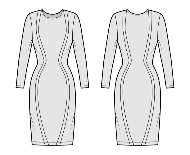 istock Dress panel technical fashion illustration with hourglass silhouette, long sleeves, fitted, knee length pencil skirt 1319521773